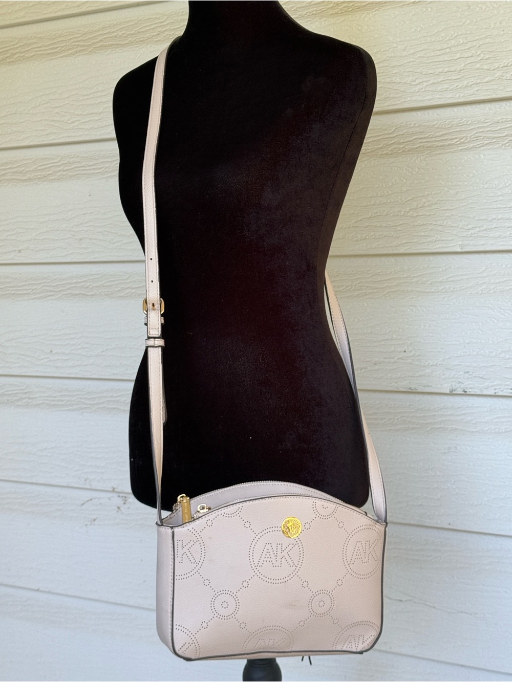 Anne Klein Light Beige Perforated AK Crossbody with Gold Accent